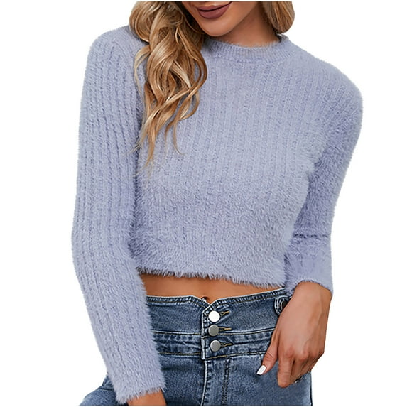 IROINNID Womens Sweater Round Neckline Pullover Sweater Solid Color Casual Short Length Long Sleeve Shirt Sweater