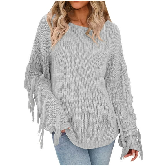 IROINNID Womens Sweater Round Neckline Pullover Sweater Solid Color Loose Mid-Length Long Sleeve Top Sweater Tassel Sweater