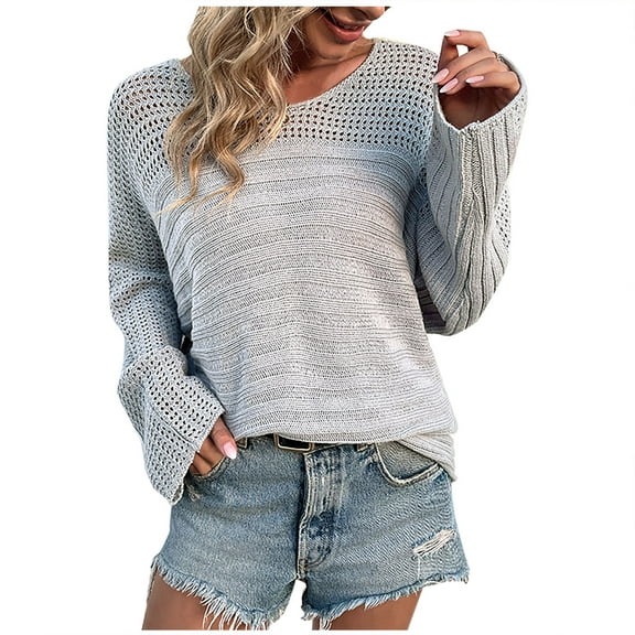 IROINNID Womens Sweater Round Neckline Pullover Sweater Solid Color Loose Short Length Long Sleeve Sweater Tops