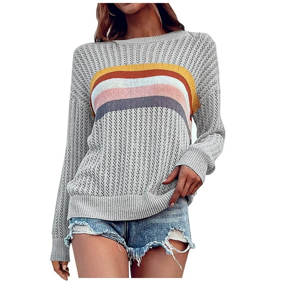 IROINNID Womens Sweater Round Neckline Pullover Sweater Stripes Leisure Mid-Length Long Sleeve Sweater Tops