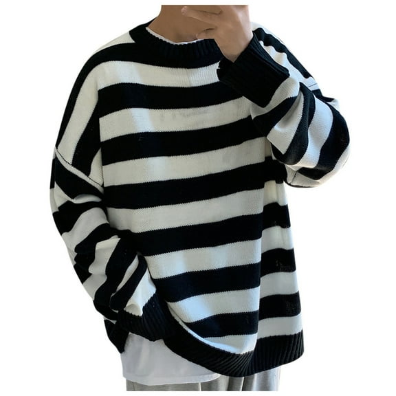 IROINNID Womens Sweater Round Neckline Pullover Sweater Stripes Leisure Mid-Length Long Sleeve Trend Sweater