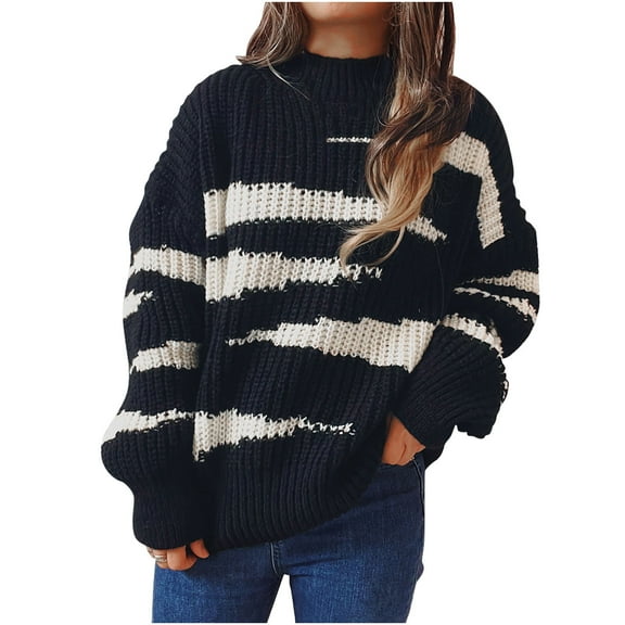 IROINNID Womens Sweater Round Neckline Pullover Sweater Stripes Loose Mid-Length Long Sleeve Irregular Sweater Top