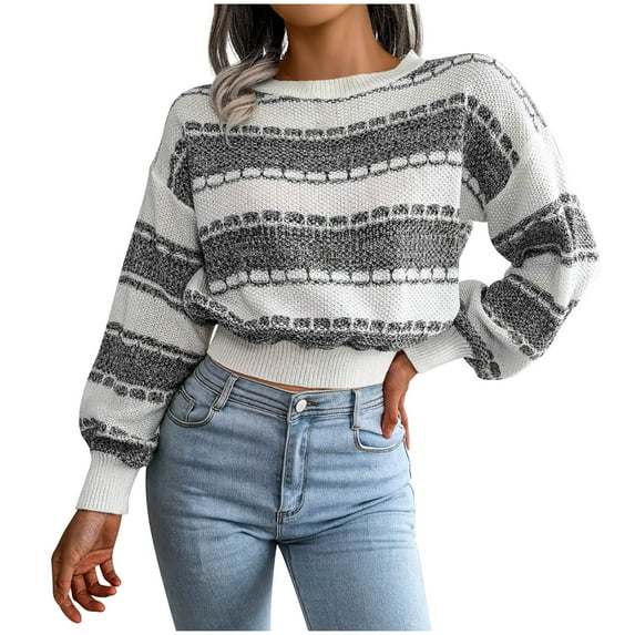 IROINNID Womens Sweater Round Neckline Pullover Sweater Stripes Loose Mid-Length Long Sleeve Sweater Autumn Blouse Tops