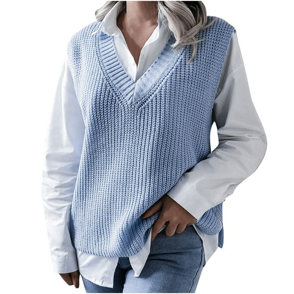 IROINNID Womens Sweater Sweater Vest V-Neck Pullover Sweater Solid Color Casual Short Length Sleeveless Hollow Knitted Vest Sweater Vest