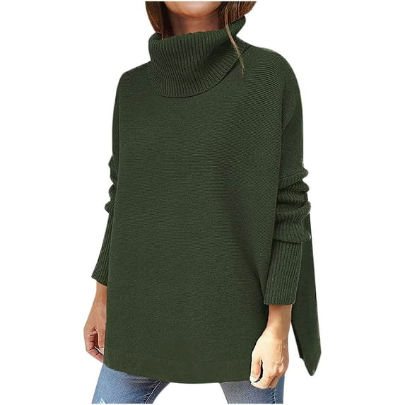 IROINNID Womens Sweater Turtleneck Pullover Sweater Solid Color Leisure Mid-Length Long Sleeve Winter Sweater Bat Hem Knitted Sweater Tops