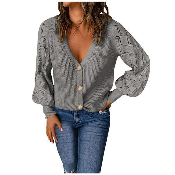 IROINNID Womens Sweater V-Neck Cardigans Sweater Solid Color Leisure Short Length Long Sleeve Knitting Buttons Hollow Out Sweaters Tops