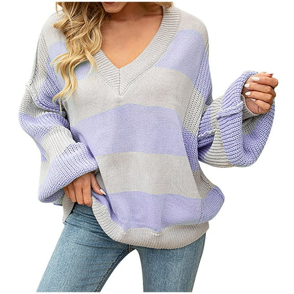IROINNID Womens Sweater V-Neck Pullover Sweater Color Block Comfy Mid-Length Long Sleeve Autumn and Winter Knit Sweater