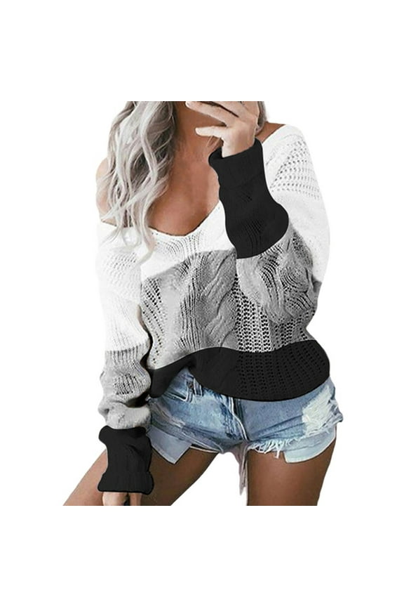 Womens Sweater V-Neck Pullover Sweater Color Block Loose Mid-Length Long Sleeve Splicing Blouse Tops Sweater