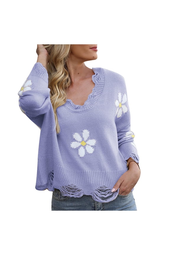 Womens Sweater V-Neck Pullover Sweater Print Leisure Mid-Length Long Sleeve Autumn and Winter Knitted Sweater