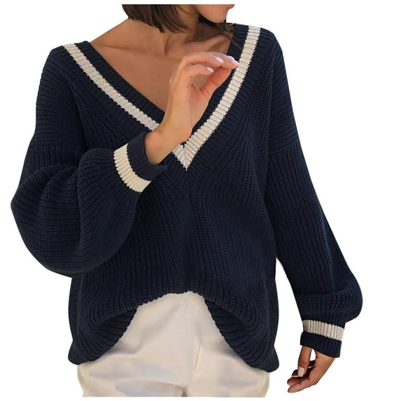 IROINNID Womens Sweater V-Neck Pullover Sweater Solid Color Casual Mid-Length Long Sleeve Tops Blouse Knitted Sweater