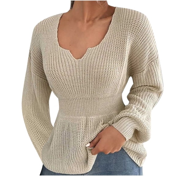 IROINNID Womens Sweater V-Neck Pullover Sweater Solid Color Comfy Mid-Length Long Sleeve Sweater