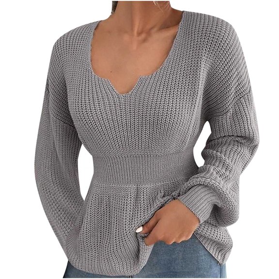 IROINNID Womens Sweater V-Neck Pullover Sweater Solid Color Comfy Mid-Length Long Sleeve Sweater