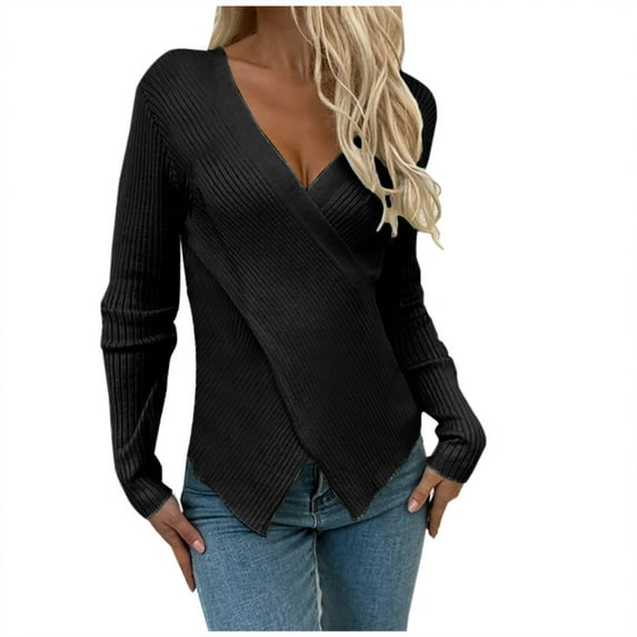 IROINNID Womens Sweater V-Neck Pullover Sweater Solid Color Comfy Mid-Length Long Sleeve Winter Sweater Tops