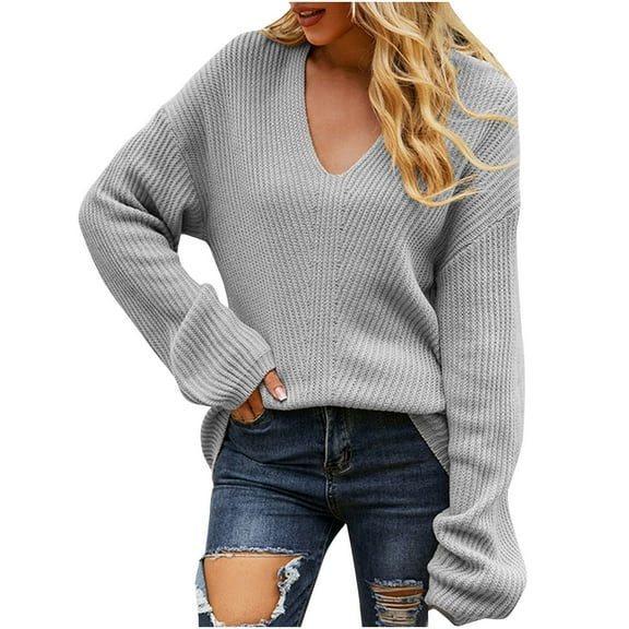 IROINNID Womens Sweater V-Neck Pullover Sweater Solid Color Comfy Short Length Long Sleeve Autumn Winter Sweater Tops
