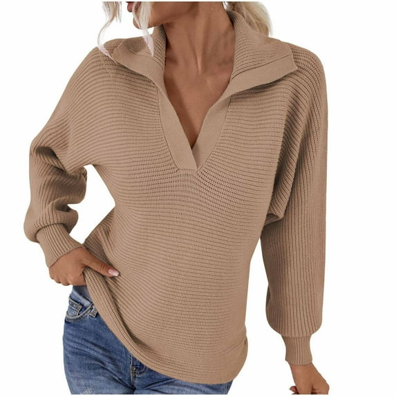 IROINNID Womens Sweater V-Neck Pullover Sweater Solid Color Leisure Mid-Length Long Sleeve Autumn and Winter Suit Collar Knit Sweater Lantern Sweater