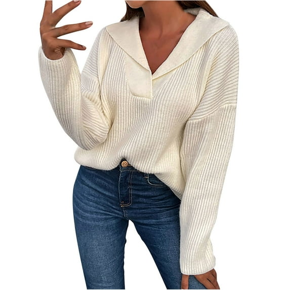 IROINNID Womens Sweater V-Neck Pullover Sweater Solid Color Loose Mid-Length Long Sleeve Knit Sweater Coat