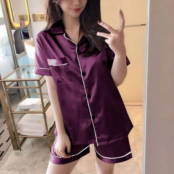 IROINNID Womens Two Piece Pajamas Button Up Silk Sleepwear Long Sleeve Tops and Pants Homewear Summer Clothes