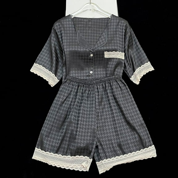 IROINNID Womens Two Piece Set Pajamas Silk Sleepwear Soild Color Homewear Button Up Short Sleeve Tops+ Shorts Homewear Clothes