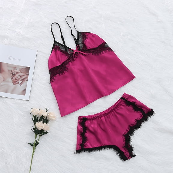 IROINNID Womens Two Piece Set Silk Sleepwear Lace V-neck Sleeveless and Shorts Homewear Clothes