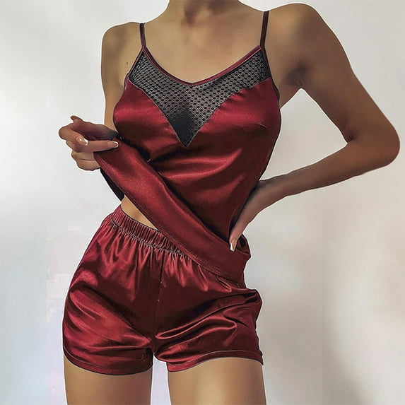 IROINNID Womens Two Piece Set Silk Sleepwear Lace V-neck Sleeveless and Shorts Homewear Clothes