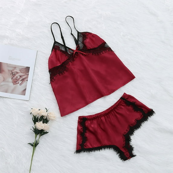 IROINNID Womens Two Piece Set Silk Sleepwear Lace V-neck Sleeveless and Shorts Homewear Clothes
