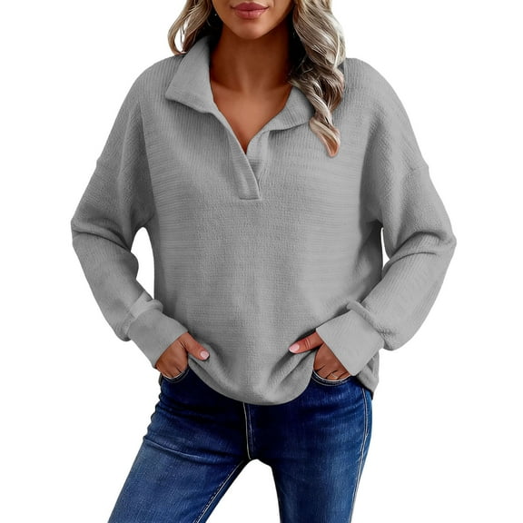 IROINNID Womens V Neck Pullover Sweater Long Sleeve Casual Comfortable Loose Tops Soft Knit Fabric Elegant Layering Piece for Daily Wear Street Fashion Basic(Gray,S)