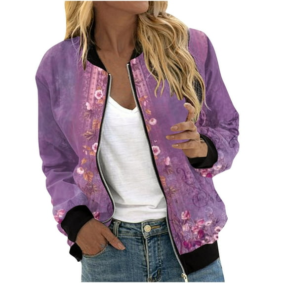 IROINNID Zip Up Jacket for Women Casual Printed Zipper Closure Jacket Stylish Daily Comfy Coat with Pocket,Purple