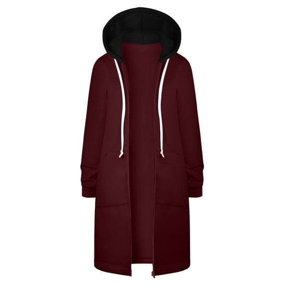 IROINNID Zip Up Jacket for Women Solid Color Winter Casual Zip Up Long Sleeve Hooded Outerwear with Pocket,Burgundy