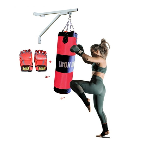 IRON BAR Heavy Bag Full Kit Boxing Punching Bag with Gloves Unfilled Sandbag for Boxing, MMA, Karate, Muay Thai, Kick Boxing, Martial Arts, Punching Training, Kicking - Hanging Chain w Bracket White