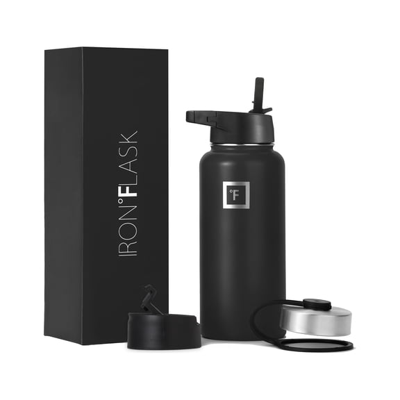 IRON °FLASK Camping & Hiking Hydration Flask, Wide Mouth, 3 Straw Lids, Stainless Steel Outdoor Water Bottle, Double Walled, Insulated Thermos, Metal Canteen - Black, 32 Oz