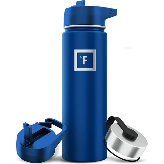 IRON °FLASK Camping & Hiking Hydration Flask, Wide Mouth, 3 Straw Lids, Stainless Steel Outdoor Water Bottle, Double Walled, Insulated Thermos, Metal Canteen - Cobalt Blue, 22 Oz