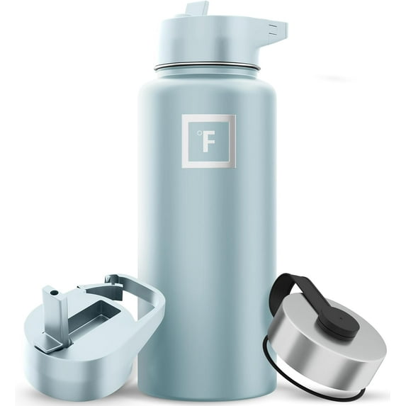 IRON °FLASK Camping & Hiking Hydration Flask, Wide Mouth, 3 Straw Lids, Stainless Steel Outdoor Water Bottle, Double Walled, Insulated Thermos, Metal Canteen - Morning Mist, 32 Oz