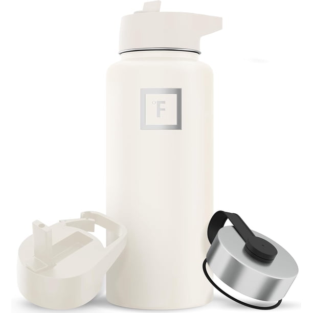 IRON °FLASK Camping & Hiking Hydration Flask, Wide Mouth, 3 Straw Lids, Stainless Steel Outdoor Water Bottle, Double Walled, Insulated Thermos, Metal Canteen - Cashmere Cream, 32 Oz
