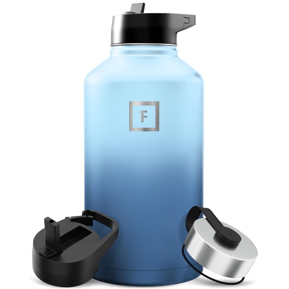 IRON FLASK Camping & Hiking Hydration Flask with Straw, Wide Mouth Insulated Stainless Steel Sports Water Bottle - 64 oz Blue Waves