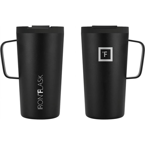 IRON °FLASK Insulated Stainless Steel Coffee Mug - Leak Proof, Double Walled, Thermo Travel, Hot and Cold, Rubber Bottom - Midnight Black, 16 Oz