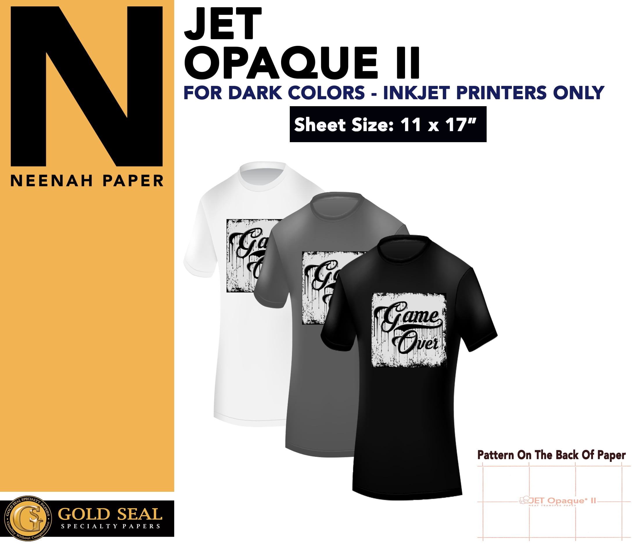 IRON ON T-SHIRT HEAT TRANSFER PAPER JET OPAQUE II 11 x 17" CUSTOM PACK 100 SHEETS