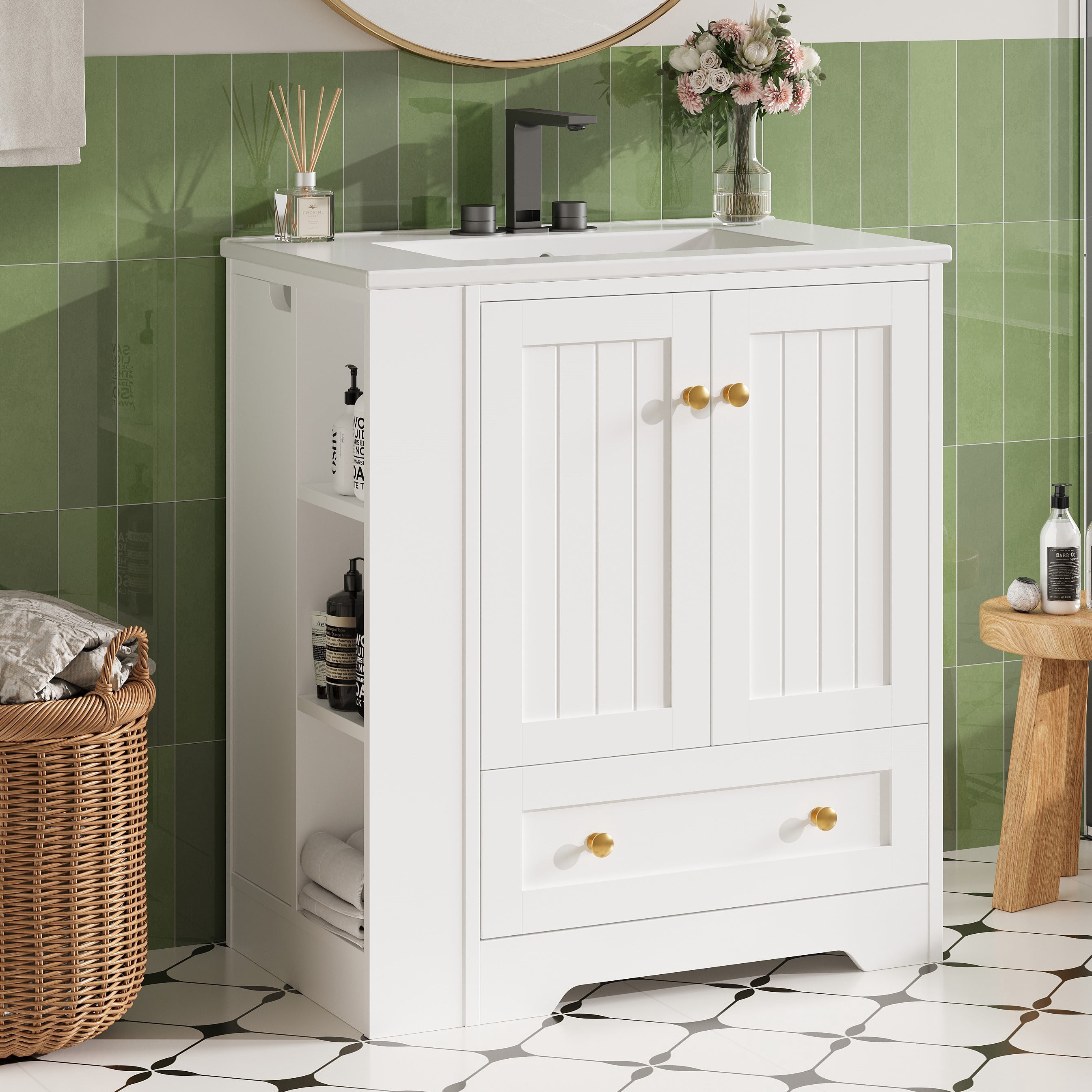 IRONCK 30" Bathroom Vanity with Ceramic Sink, Freestanding Bathroom Cabinet with Drawers, Doors and Side Storage, White