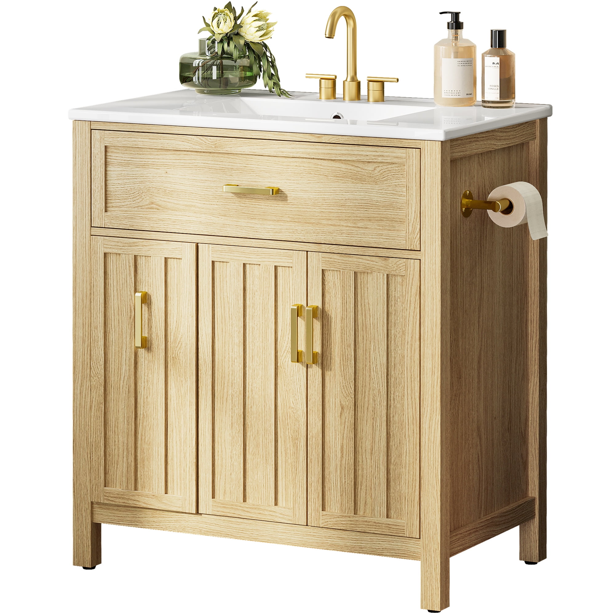 IRONCK 30 Inch Bathroom Vanity with Ceramic Sink and Drawers, Freestanding Storage Cabinet with Adjustable Shelf, Nature