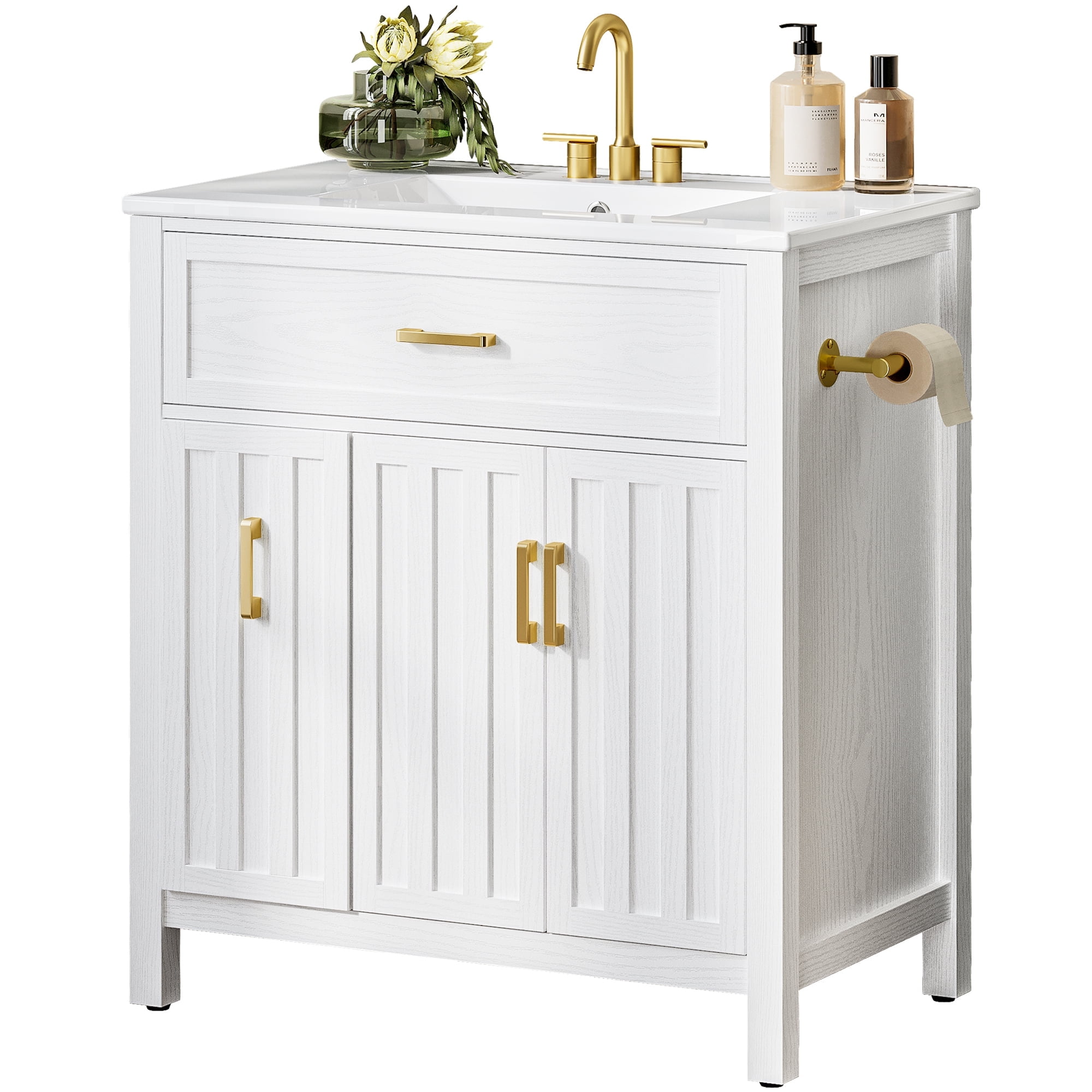 IRONCK 30 Inch Bathroom Vanity with Ceramic Sink, Freestanding Bathroom Cabinet with Storage Drawers and Adjustable Shelf, White