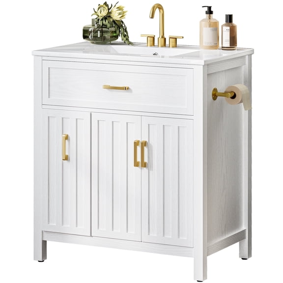 IRONCK 30 Inch Bathroom Vanity with Ceramic Sink, Freestanding Bathroom Cabinet with Storage Drawers and Adjustable Shelf, White