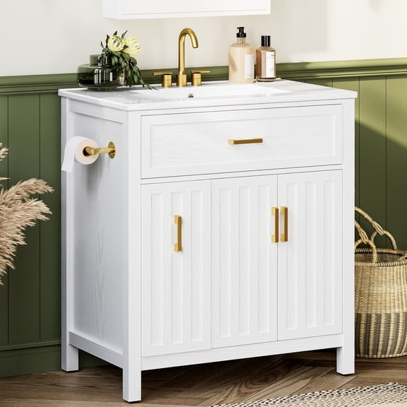 IRONCK 30 Inch Bathroom Vanity with Ceramic Sink, Freestanding Bathroom Cabinet with Storage Drawers and Adjustable Shelf, White