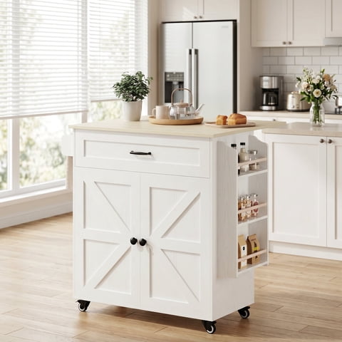 IRONCK Farmhouse Rolling Kitchen Island Cart with Drop Leaf, Storage Cabinet, Drawer, Spice Rack & Locking Wheels, White