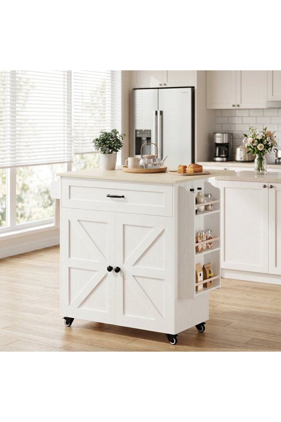 Farmhouse Rolling Kitchen Island Cart with Drop Leaf, Storage Cabinet, Drawer, Spice Rack & Locking Wheels, White