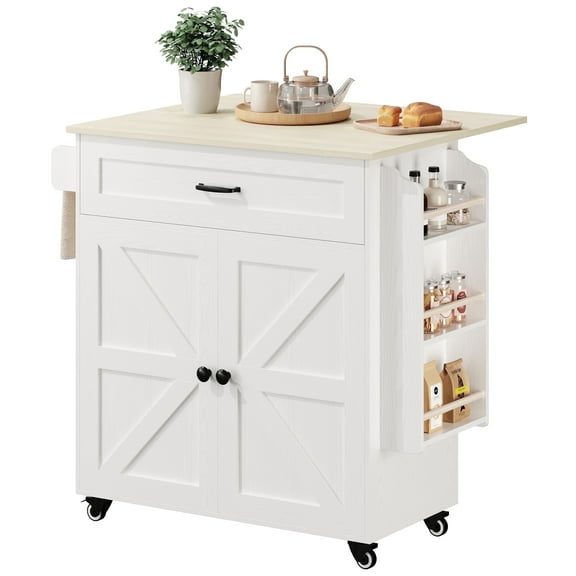 IRONCK 31.5" Rolling Kitchen Island Cart with Drop Leaf, Drawer, Adjustable Storage Cabinet, Spice Rack and Towel Holder