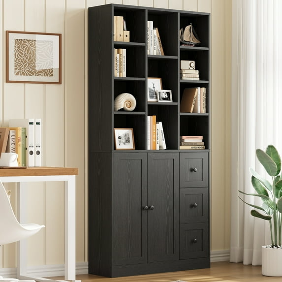IRONCK 71" Tall Bookcase with Storage Drawers & Doors, 11 Cubes 4-Tier Triple Row Bookshelf for Living Room Home Office, Black