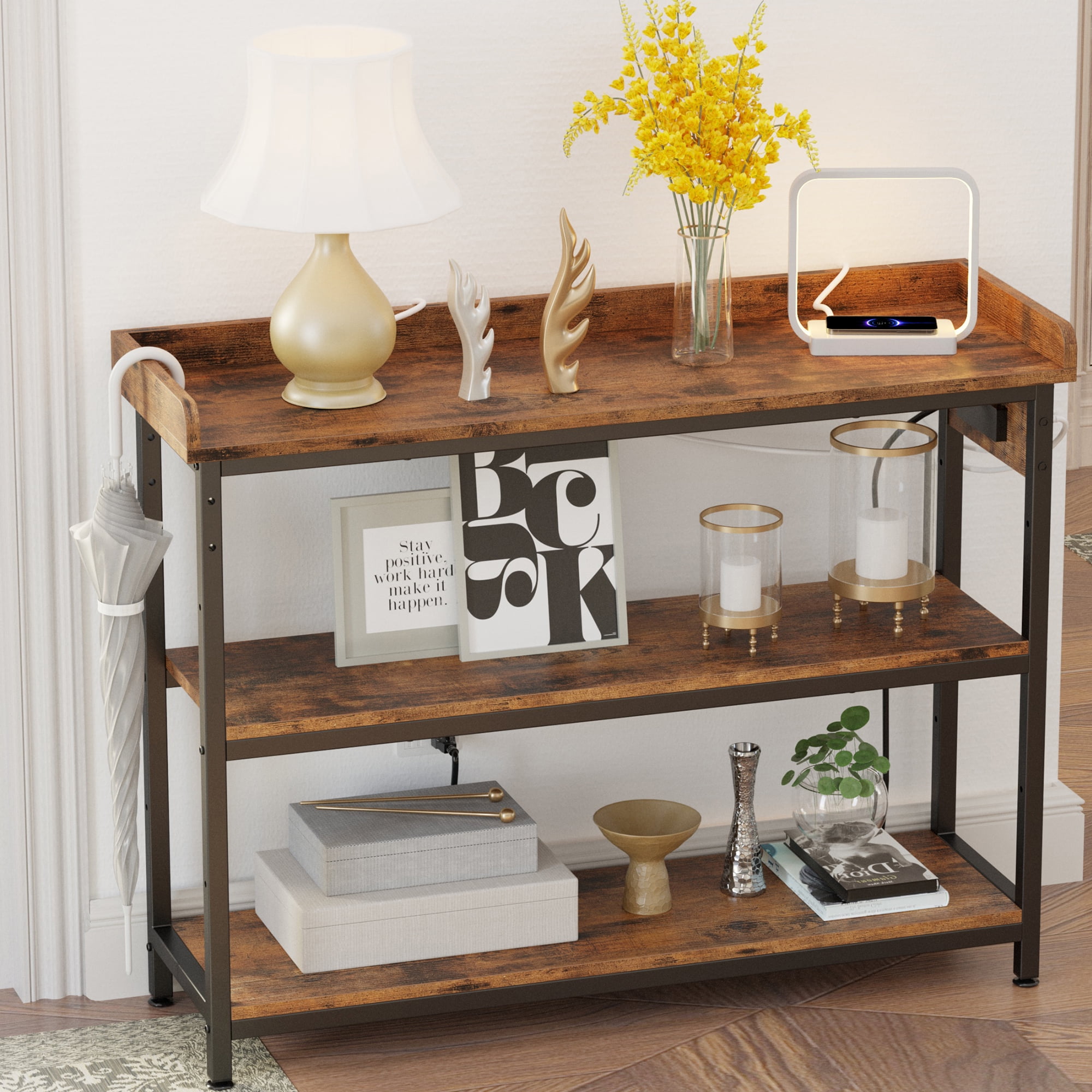Rustic Brown 43" Console Table with Power Outlet and Storage