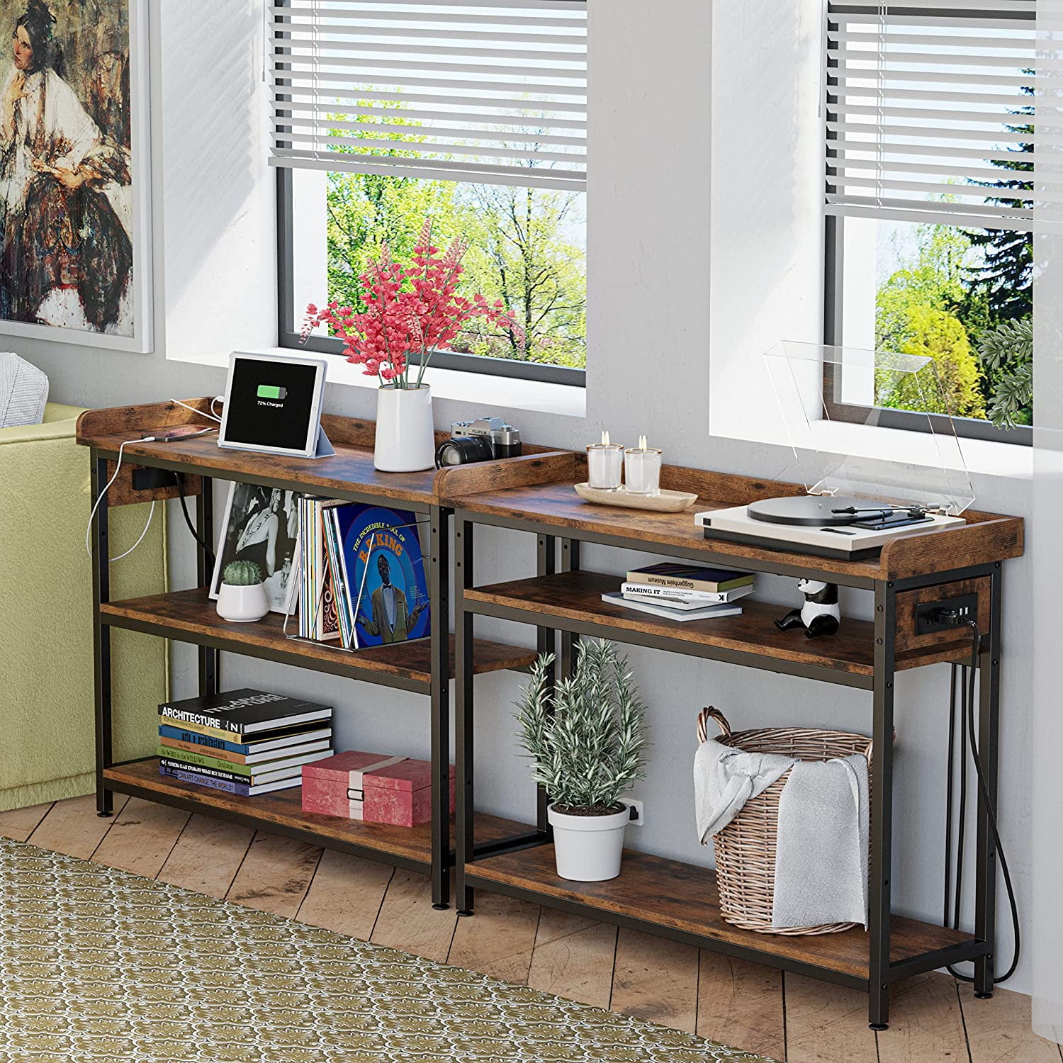Rustic Brown 43" Console Table with Power Outlet and Storage