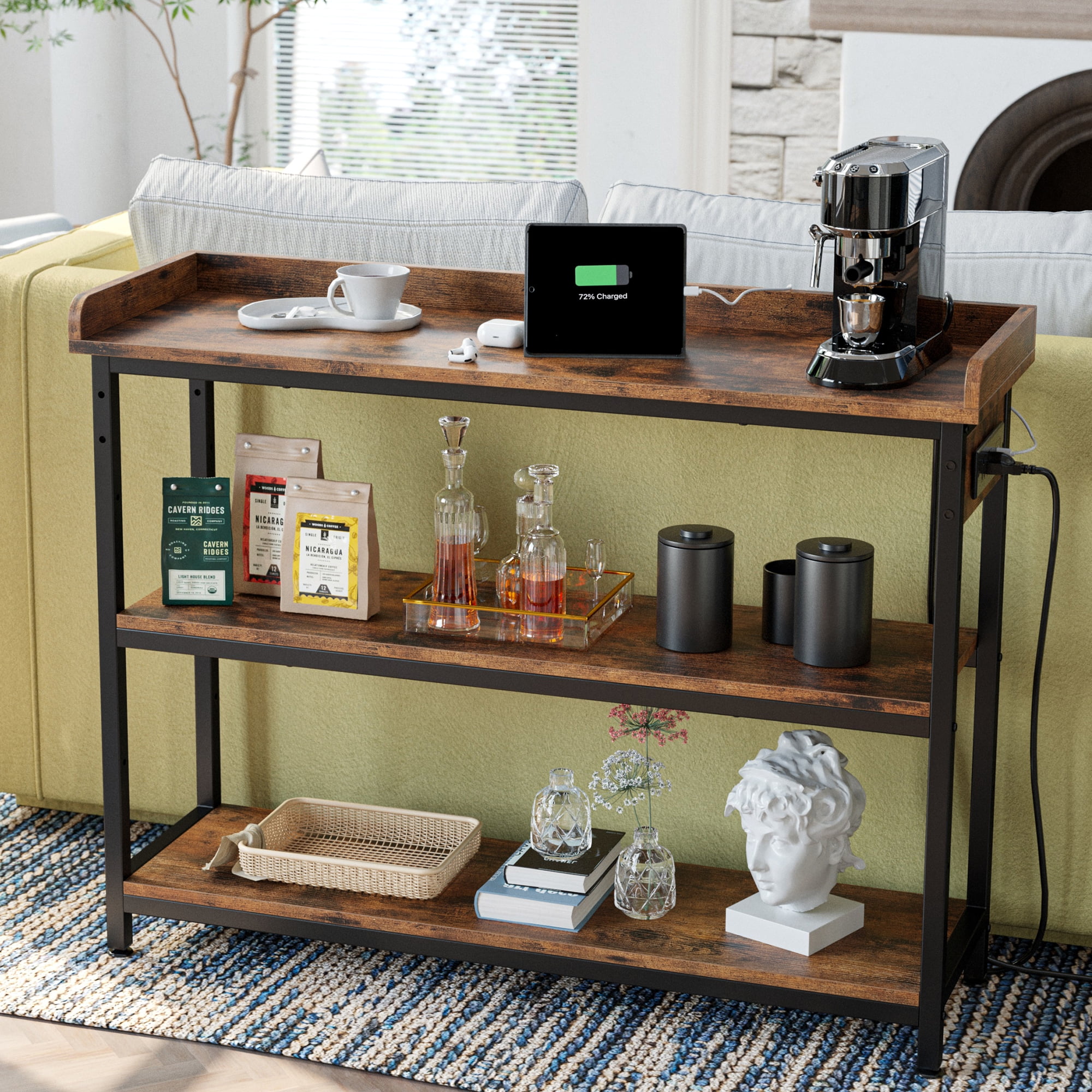 Rustic Brown 43" Console Table with Power Outlet and Storage