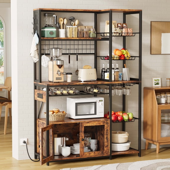 IRONCK 45.5" Wide Large Bakers Rack with Power Outlets, 5 Tiers Coffee Bar Table with 3 Wire Basket and 10 Hooks, Microwave Stand Kitchen Storage Shelf, Rustic Brown