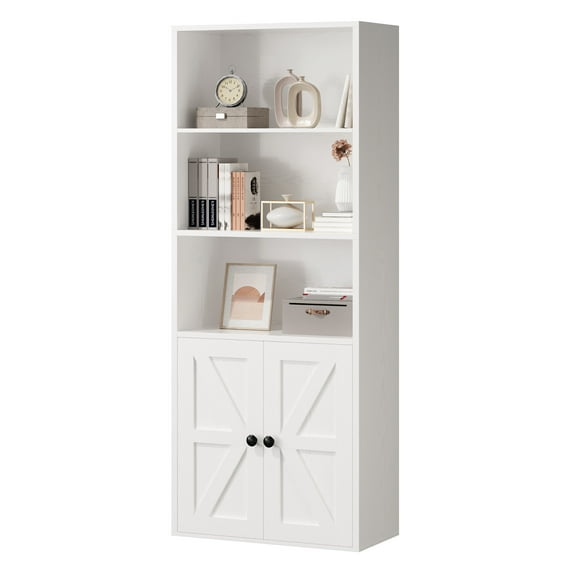 IRONCK Bookcase with Doors, 5-Tier Bookshelf with Storage, Farmhouse Storage Cabinet for Home Office, Living Room, White
